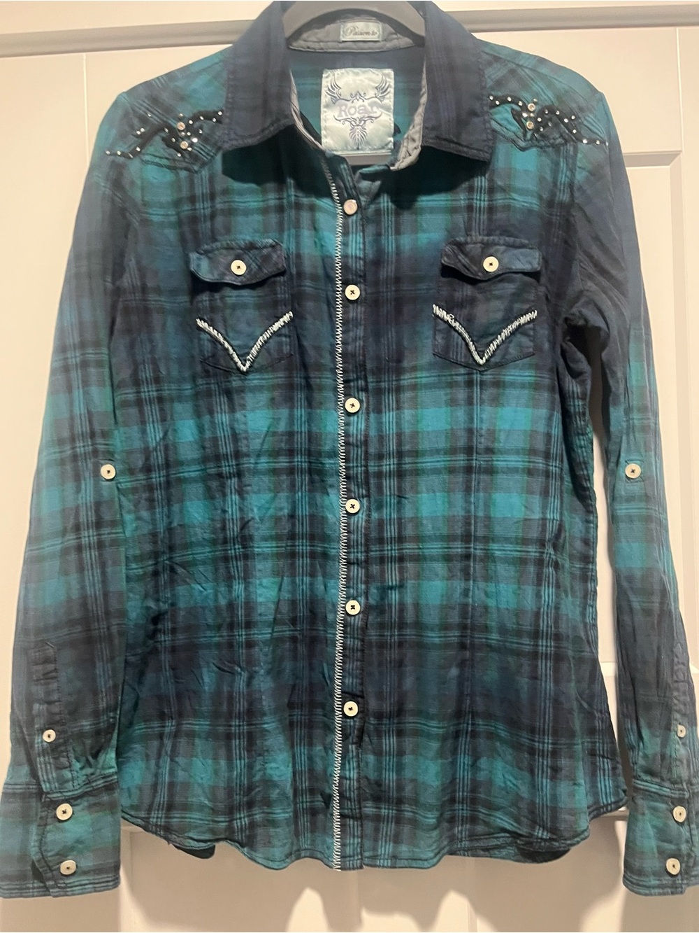 Roar 100% Cotton Western Long Sleeve Shirt Rhinestones Teal Navy Size XL